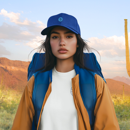 Model wearing a blue jacket and cap in a desert landscape with cacti and mountains.