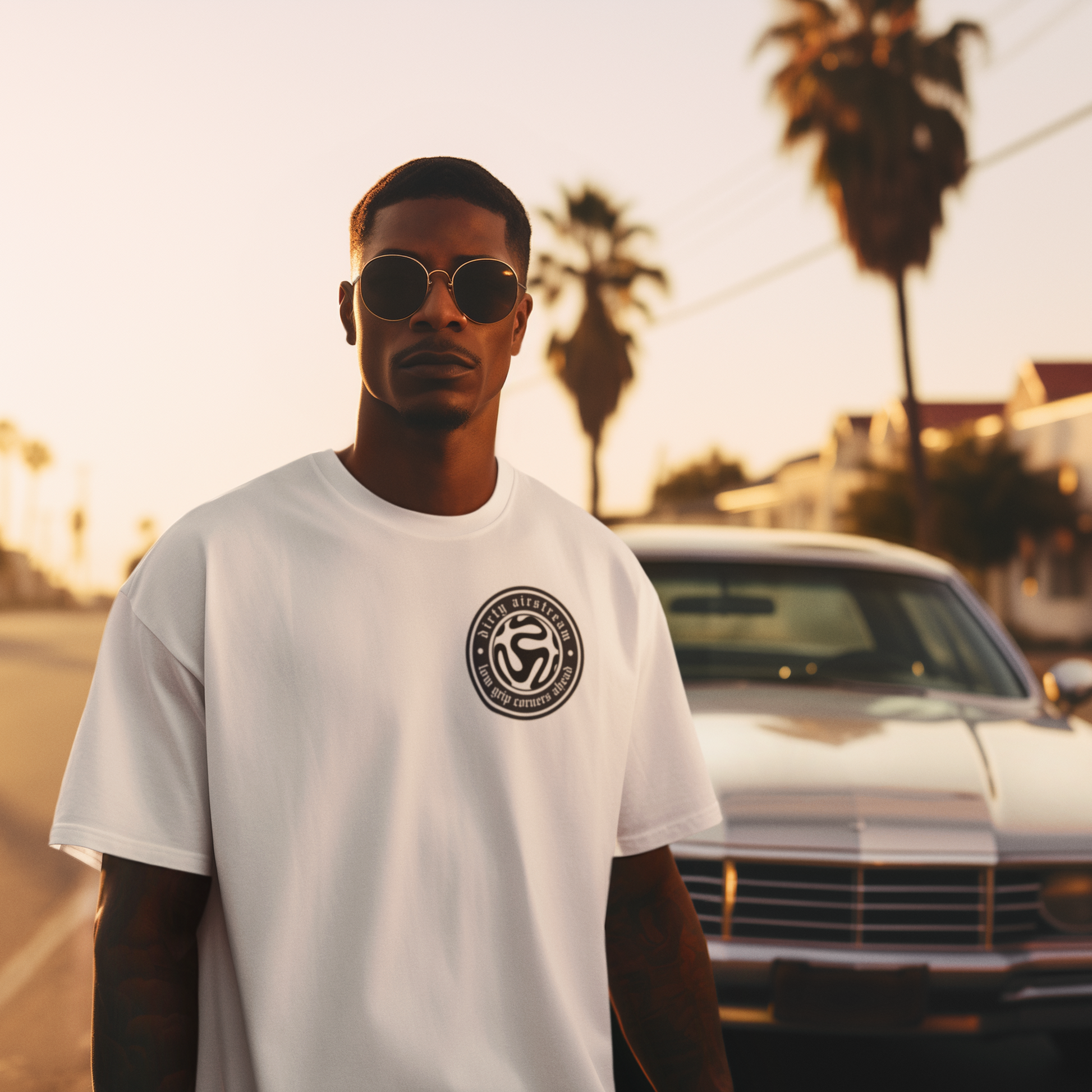 Man wearing a white t-shirt with a logo, sunglasses, and a car in the background.