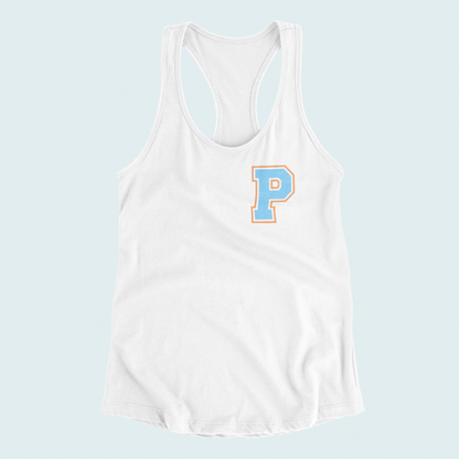 White tank top with a blue letter 'P' on a light blue background