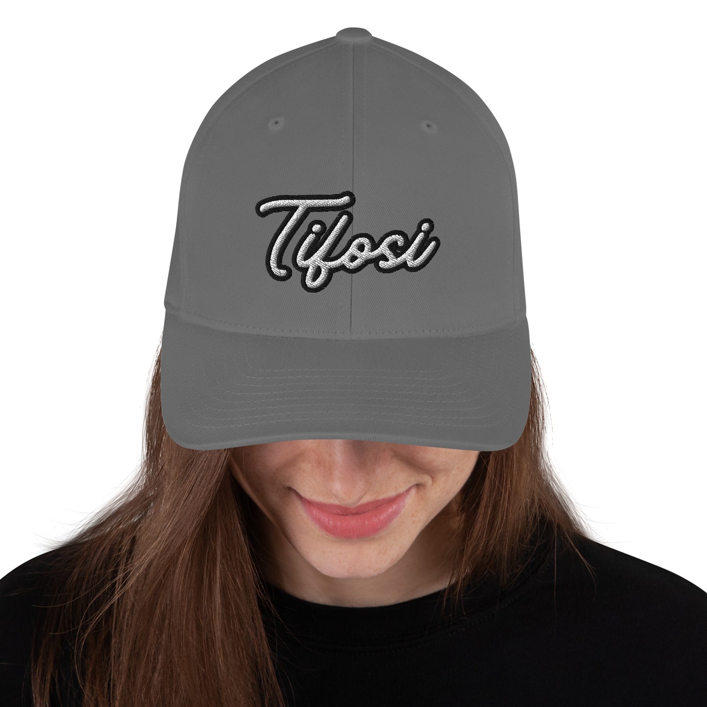 Gray cap with 'Tifosi' logo worn by a person on a white background