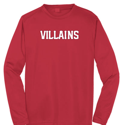 Red long-sleeve shirt with 'VILLAINS' text on a white background