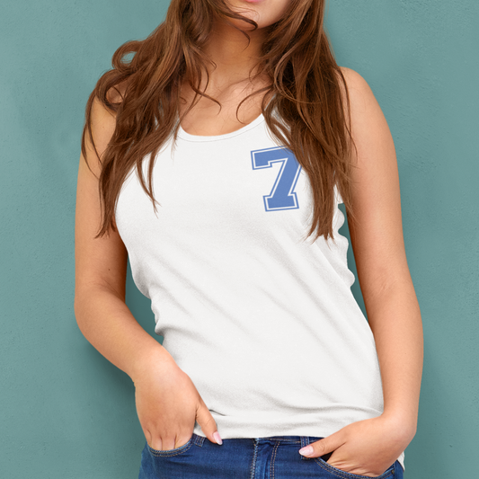 Person wearing a white tank top with a blue number 7 design against a teal background