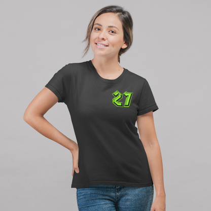 Woman wearing a black t-shirt with the number 27 in green on a gray background