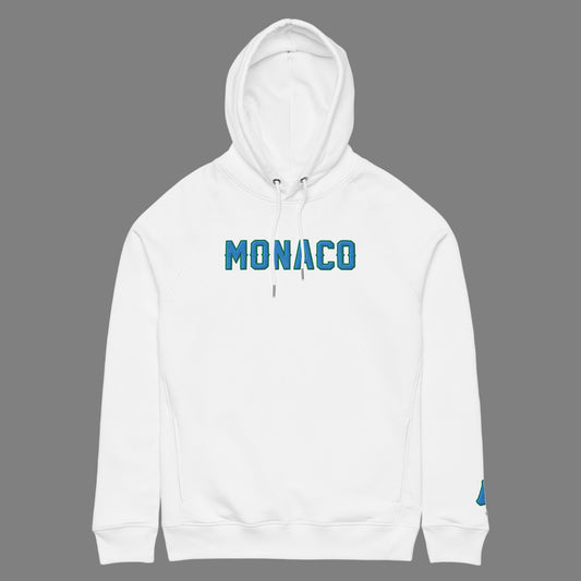 White hoodie with 'MONACO' text in blue on a white background