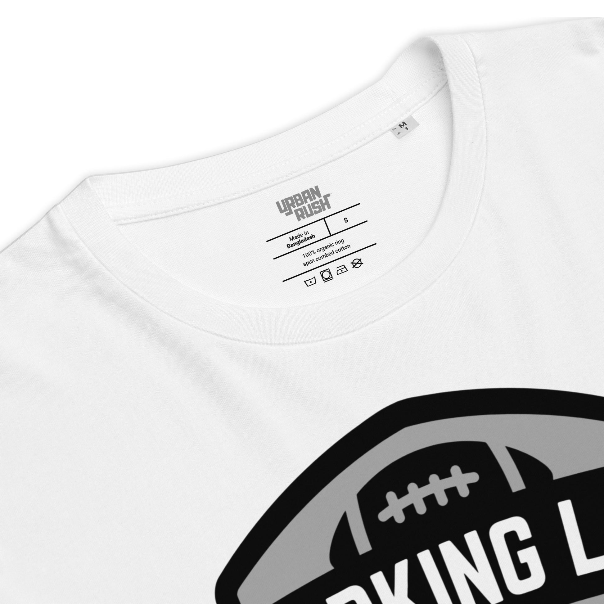 White t-shirt with a logo and text on a white background