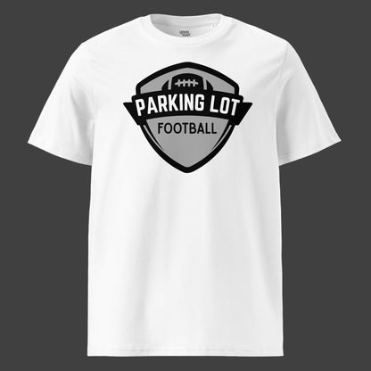 White t-shirt with 'Parking Lot Football' logo on a white background