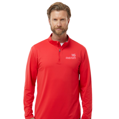 Man wearing a red long-sleeve shirt with a logo on a white background