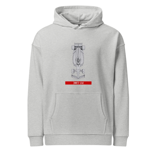 Gray hoodie with a unique Formula 1 pit lane design on a white background