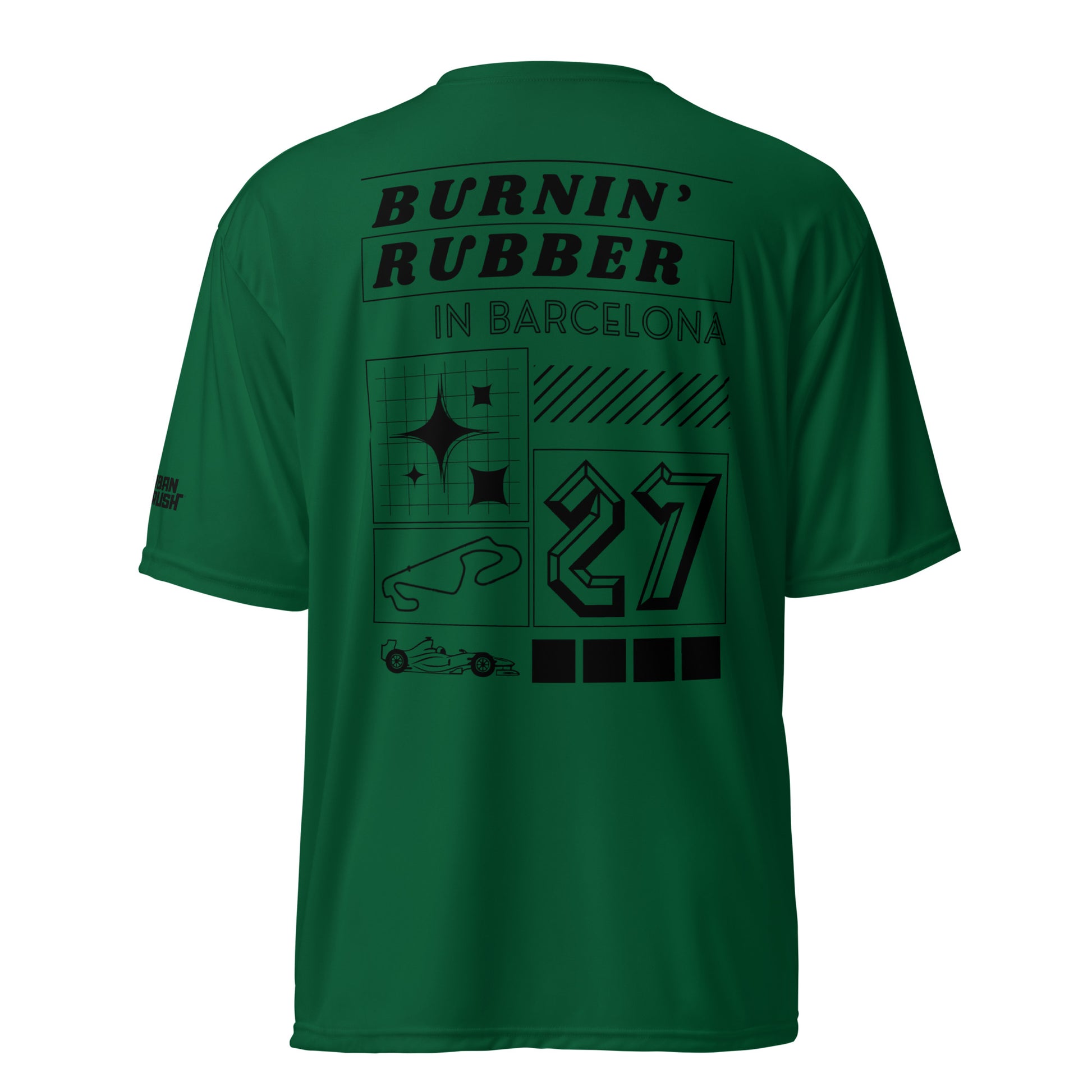 Green t-shirt with black text and graphics on a white background