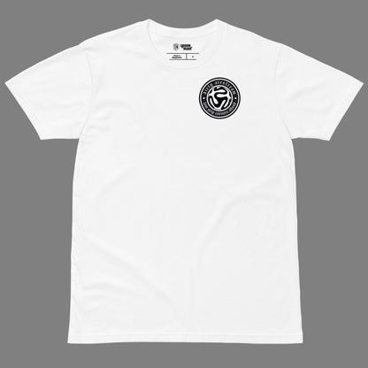 White t-shirt with a black logo on a white background