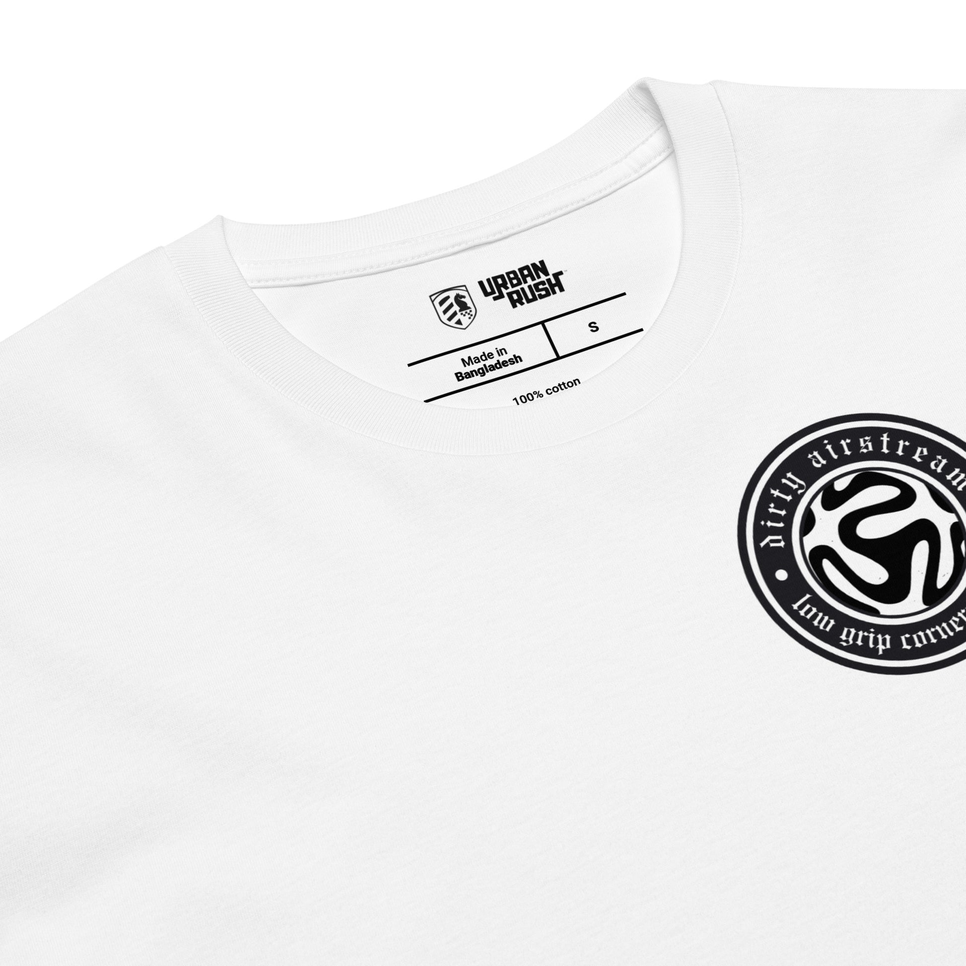 White t-shirt with black text and logo on a white background