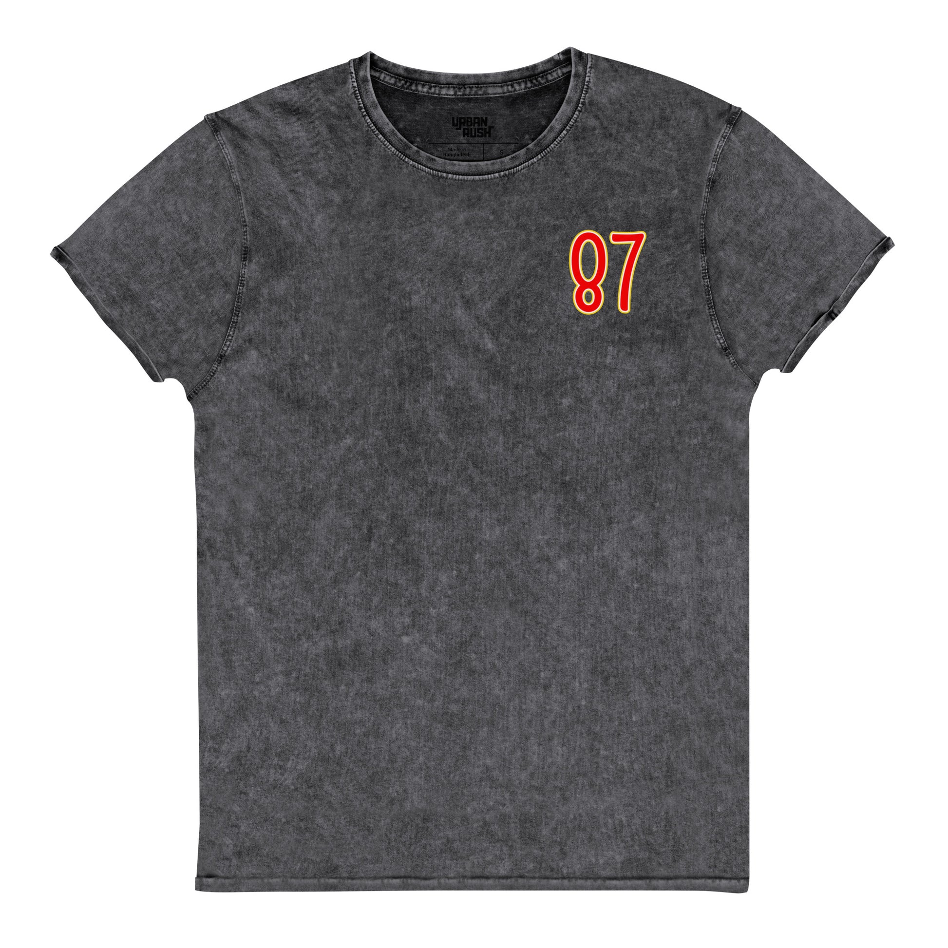 Black t-shirt with red number 87 on a white background