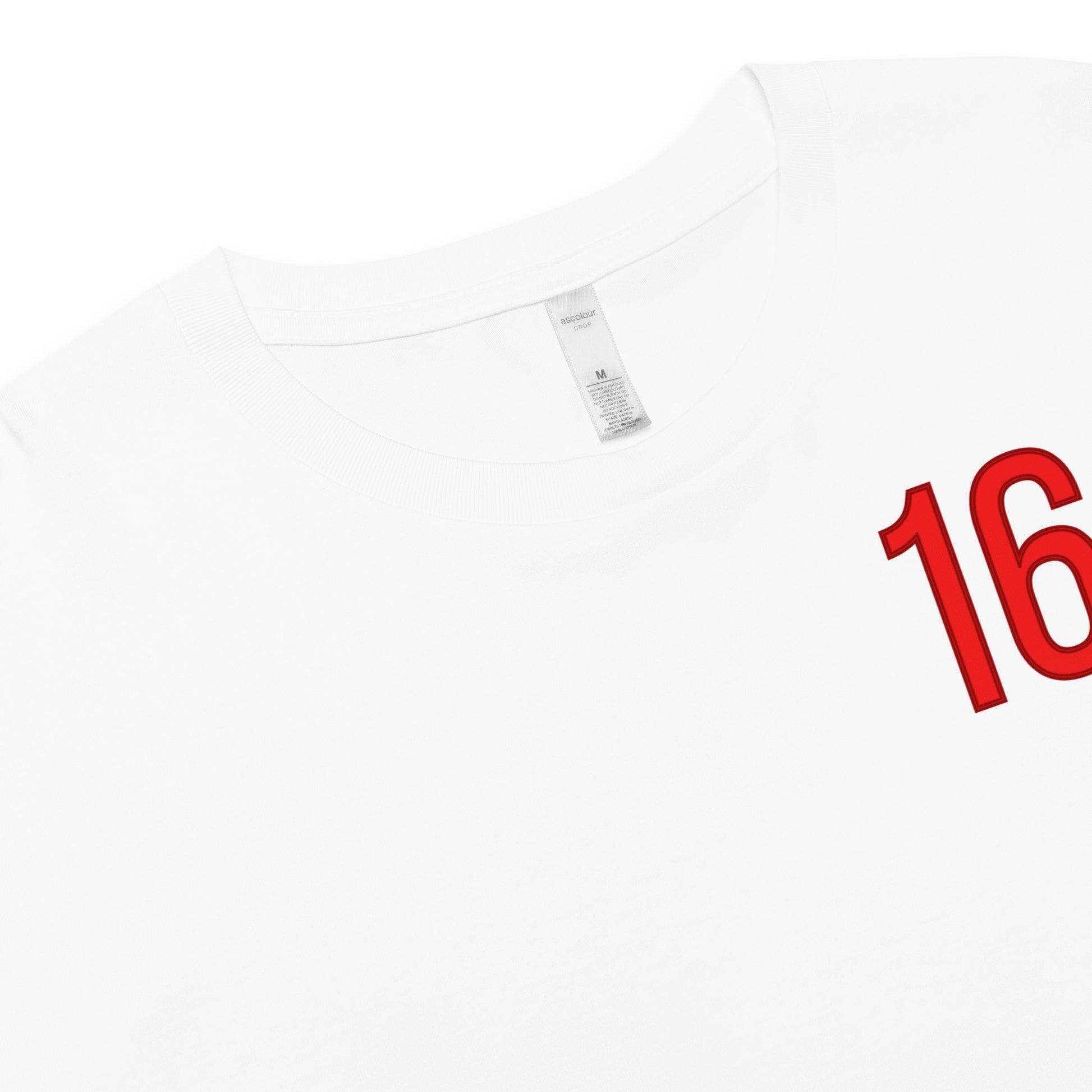 White t-shirt with red number '16' on a white background