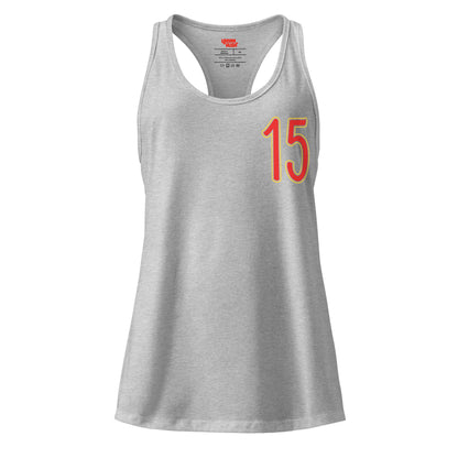 Gray tank top with red number 15 on a white background