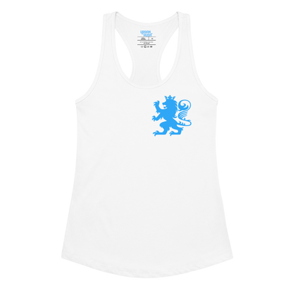White tank top with blue lion graphic on a white background