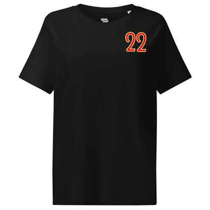 Black t-shirt with orange and yellow number 22 on a white background