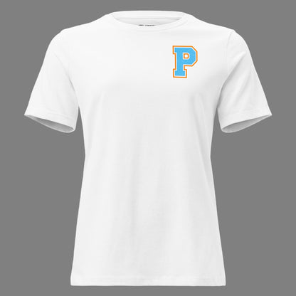 White t-shirt with a blue and orange 'P' logo on a white background