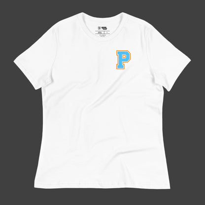 White t-shirt with a blue and yellow 'P' logo on a white background